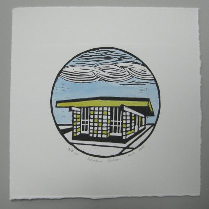Margaret White Linocut Rolleston Railway Station