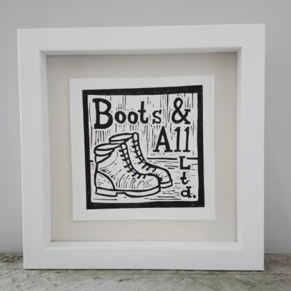 Margaret White Linocut Boots and All Tramping Art